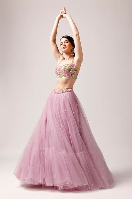 Buy Anshika Tak Label Pink Tussar, Net Pearls, Sequins Square Pastel Dream Embroidered Lehenga Set Online at Aza Fashions Buy_Anshika Tak Label_Pink Tussar, Net Pearls, Sequins Square Pastel Dream Embroidered Lehenga Set _Online_at_Aza_Fashions