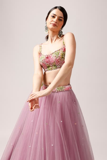 Shop Anshika Tak Label Pink Tussar, Net Pearls, Sequins Square Pastel Dream Embroidered Lehenga Set Online at Aza Fashions Shop_Anshika Tak Label_Pink Tussar, Net Pearls, Sequins Square Pastel Dream Embroidered Lehenga Set _Online_at_Aza_Fashions