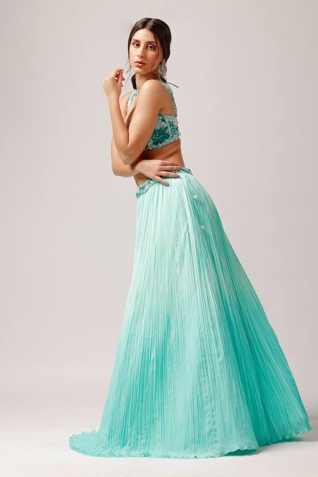Anshika Tak Label_Blue Tussar, Net, Crepe Cut Work, Oceanic Serenity Embroidered Lehenga Set _Online_at_Aza_Fashions