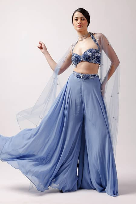 Anshika Tak Label Blue Pant Georgette Embroidered Sequin Ocean Breeze Embellished Cape Set 