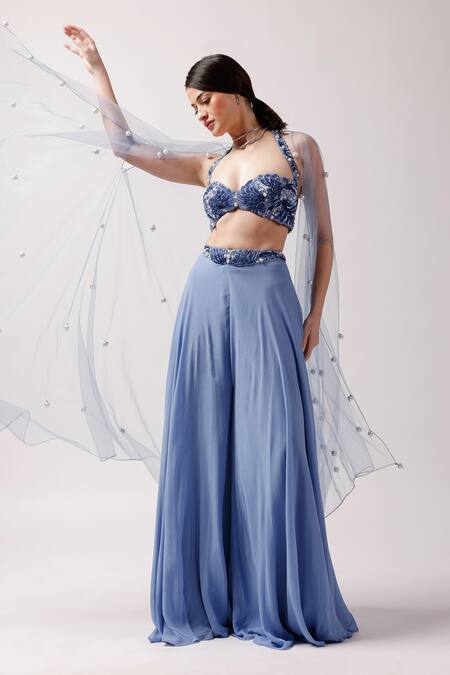 Anshika Tak Label_Blue Tussar, Georgette Pearls, Sequins Ocean Breeze Embellished Cape Set _Online_at_Aza_Fashions