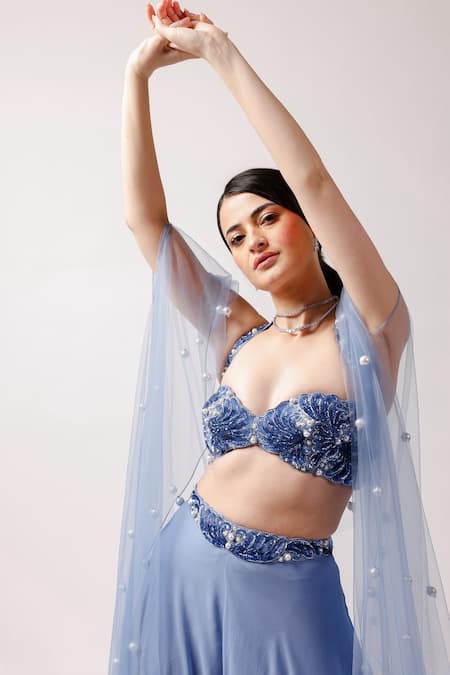 Shop_Anshika Tak Label_Blue Tussar, Georgette Pearls, Sequins Ocean Breeze Embellished Cape Set _Online_at_Aza_Fashions