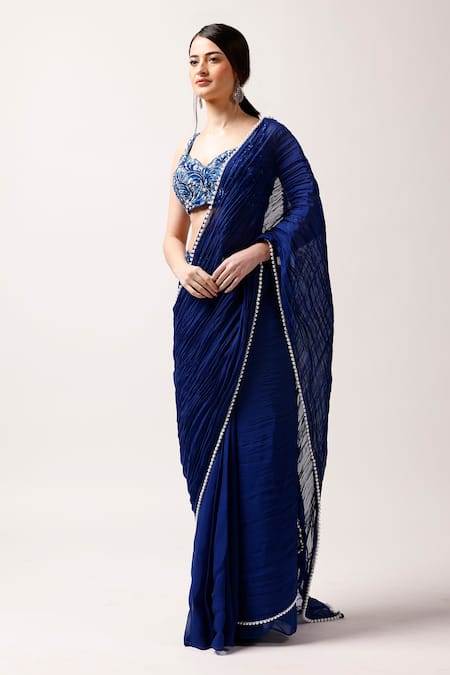 Anshika Tak Label_Blue Tussar, Organza Moonlit Elegance Pre-draped Pleated Saree With Blouse _Online_at_Aza_Fashions