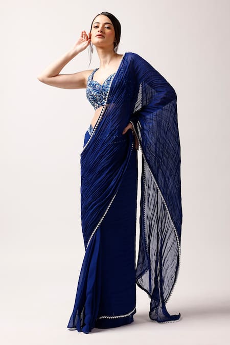 Buy_Anshika Tak Label_Blue Tussar, Organza Moonlit Elegance Pre-draped Pleated Saree With Blouse _Online_at_Aza_Fashions