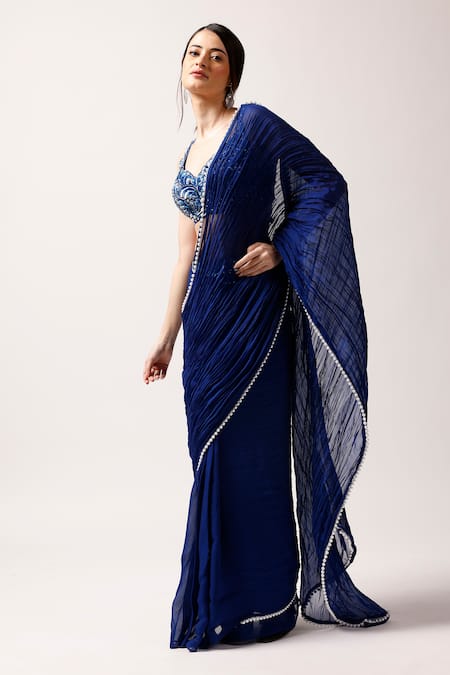 Shop_Anshika Tak Label_Blue Tussar, Organza Moonlit Elegance Pre-draped Pleated Saree With Blouse _Online_at_Aza_Fashions