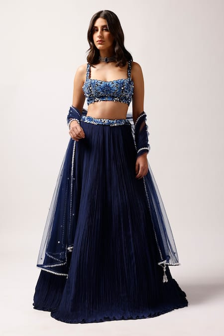 Anshika Tak Label Blue Lehenga Crepe Embroidered Katori Sequin Sweetheart Pleated Set 