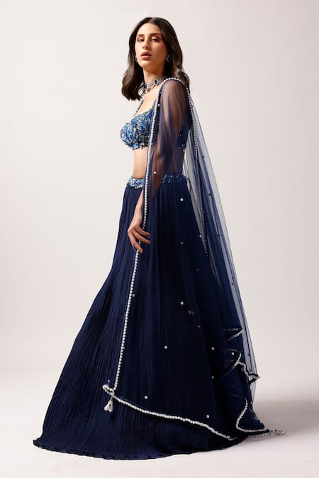 Anshika Tak Label_Blue Tussar, Net, Crepe Cut Work, Embroidery, Pearls, Pleated Lehenga Set _Online_at_Aza_Fashions