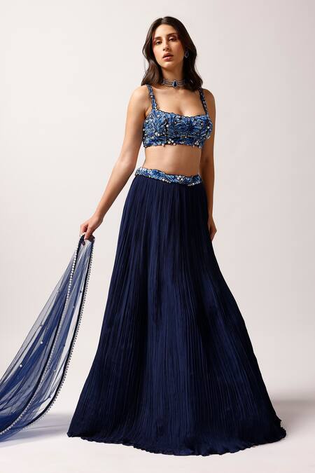 Buy_Anshika Tak Label_Blue Tussar, Net, Crepe Cut Work, Embroidery, Pearls, Pleated Lehenga Set _Online_at_Aza_Fashions