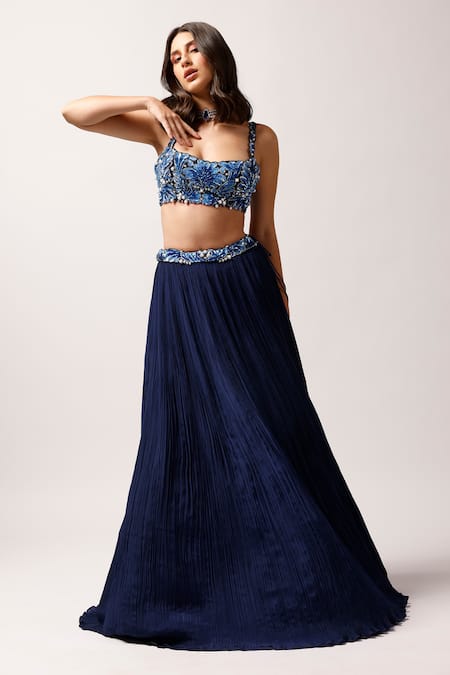 Shop_Anshika Tak Label_Blue Tussar, Net, Crepe Cut Work, Embroidery, Pearls, Pleated Lehenga Set _Online_at_Aza_Fashions
