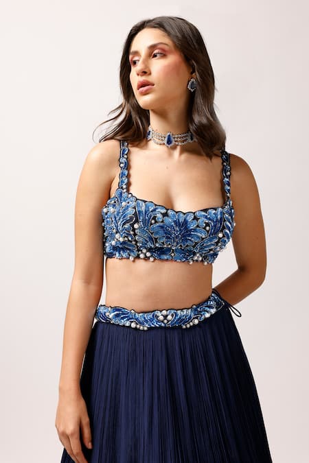 Anshika Tak Label_Blue Tussar, Net, Crepe Cut Work, Embroidery, Pearls, Pleated Lehenga Set _at_Aza_Fashions