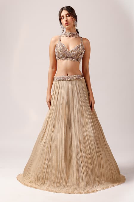 Anshika Tak Label_Beige Net, Crepe Sequins, Pearls, Embroidery, Cut Work Pleated Lehenga Set _Online_at_Aza_Fashions