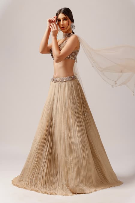 Buy_Anshika Tak Label_Beige Net, Crepe Sequins, Pearls, Embroidery, Cut Work Pleated Lehenga Set _Online_at_Aza_Fashions