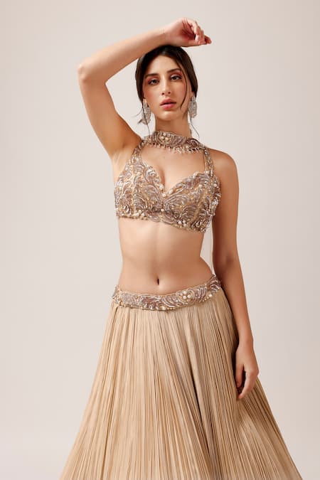 Shop_Anshika Tak Label_Beige Net, Crepe Sequins, Pearls, Embroidery, Cut Work Pleated Lehenga Set _Online_at_Aza_Fashions