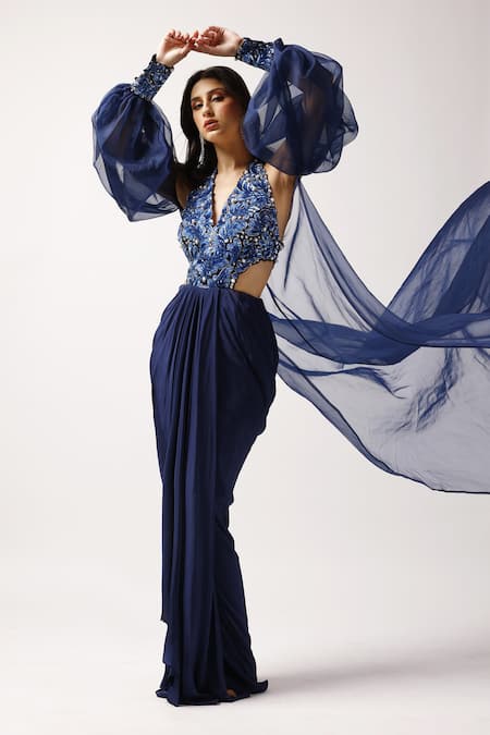 Buy_Anshika Tak Label_Blue Crepe, Tussar, Organza Sequins, Pearls, Midnight Majesty Dress With Jacket _Online_at_Aza_Fashions