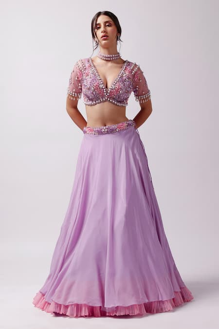 Anshika Tak Label Purple Lehenga Crepe Embroidered Katori Sequin Leaf Waistline Layered Set 