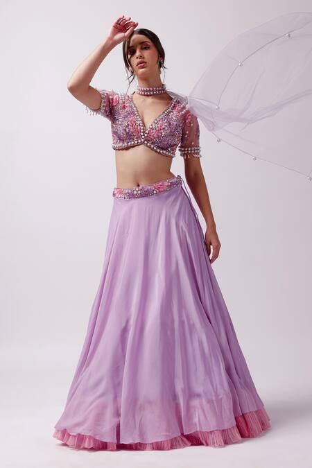 Anshika Tak Label_Purple Crepe, Net Cut Work, Pearls, Embroidered Waistline Layered Lehenga Set _Online_at_Aza_Fashions