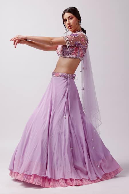 Buy_Anshika Tak Label_Purple Crepe, Net Cut Work, Pearls, Embroidered Waistline Layered Lehenga Set _Online_at_Aza_Fashions