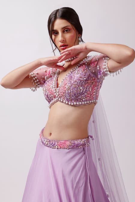 Shop_Anshika Tak Label_Purple Crepe, Net Cut Work, Pearls, Embroidered Waistline Layered Lehenga Set _Online_at_Aza_Fashions