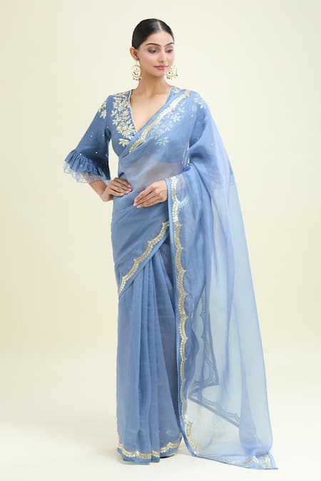 Devnaagri Blue Embroidered Floral Plunged V Scalloped Border Saree With Blouse 