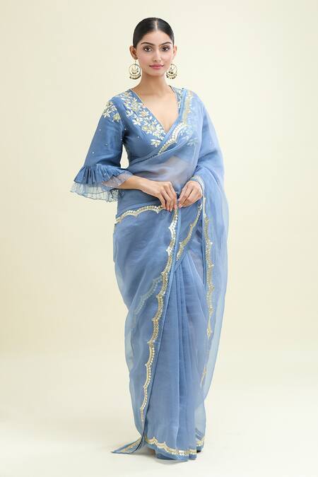 Devnaagri_Blue Chiffon Sequins, Gota Patti, Embroidery Scalloped Border Saree With Blouse_Online_at_Aza_Fashions