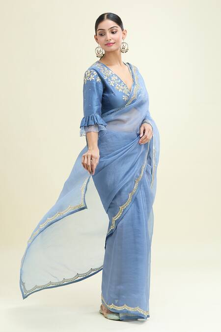 Buy_Devnaagri_Blue Chiffon Sequins, Gota Patti, Embroidery Scalloped Border Saree With Blouse_Online_at_Aza_Fashions