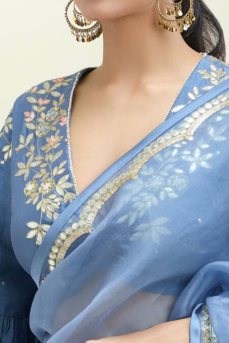 Shop_Devnaagri_Blue Chiffon Sequins, Gota Patti, Embroidery Scalloped Border Saree With Blouse_Online_at_Aza_Fashions