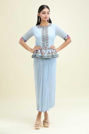 Buy_Desert Shine By Sulochana Jangir_Blue Chiffon Embroidery Round Neck Floral Peacock Peplum Top And Skirt_Online_at_Aza_Fashions