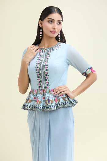 Shop_Desert Shine By Sulochana Jangir_Blue Chiffon Embroidery Round Neck Floral Peacock Peplum Top And Skirt_Online_at_Aza_Fashions