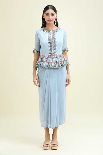 Desert Shine By Sulochana Jangir_Blue Chiffon Embroidery Round Neck Floral Peacock Peplum Top And Skirt_at_Aza_Fashions