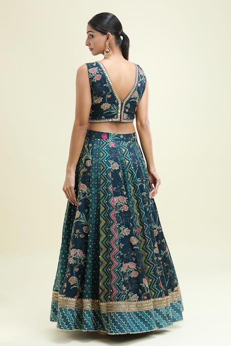 Shop Paulmi And Harsh Blue Organza Embroidery V-neck Floral Print Multi Kali Lehenga Set at Aza Fashions Shop_Paulmi And Harsh_Blue Organza Embroidery V-neck Floral Print Multi Kali Lehenga Set _at_Aza_Fashions
