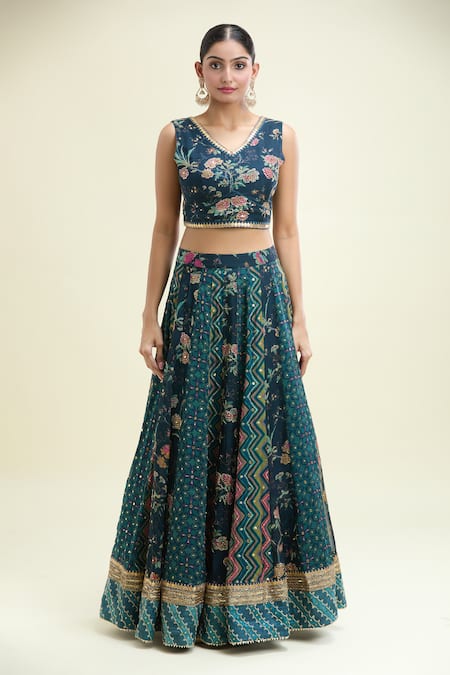 Paulmi And Harsh Blue Organza Embroidery V-neck Floral Print Multi Kali Lehenga Set Online at Aza Fashions Paulmi And Harsh_Blue Organza Embroidery V-neck Floral Print Multi Kali Lehenga Set _Online_at_Aza_Fashions