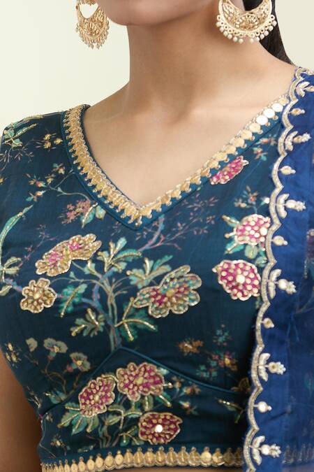 Paulmi And Harsh Blue Organza Embroidery V-neck Floral Print Multi Kali Lehenga Set at Aza Fashions Paulmi And Harsh_Blue Organza Embroidery V-neck Floral Print Multi Kali Lehenga Set _at_Aza_Fashions