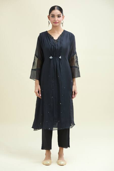 Beige_Black Chanderi, Cotton, Organza Sequins, Embroidery Ruched Kurta Pant Set_Online_at_Aza_Fashions