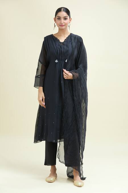 Shop_Beige_Black Chanderi, Cotton, Organza Sequins, Embroidery Ruched Kurta Pant Set_Online_at_Aza_Fashions