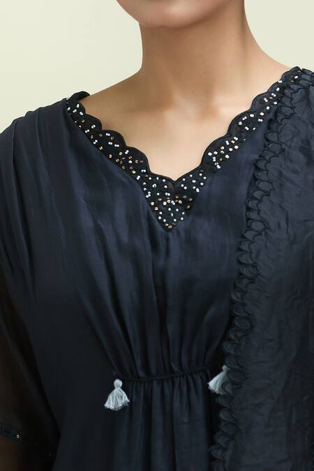 Beige_Black Chanderi, Cotton, Organza Sequins, Embroidery Ruched Kurta Pant Set_at_Aza_Fashions