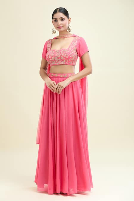 HOUSE OF TA-YA Pink Embroidered Gota Sweetheart Zardozi Blouse Lehenga Set 