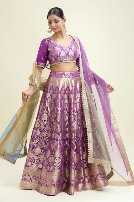 Studio Iris India_Purple Silk, Brocade, Organza Sequins, Shehnaaz Banarasi Woven Lehenga Set _Online_at_Aza_Fashions