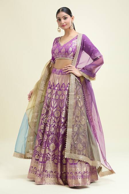 Buy_Studio Iris India_Purple Silk, Brocade, Organza Sequins, Shehnaaz Banarasi Woven Lehenga Set _Online_at_Aza_Fashions