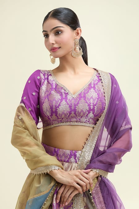 Shop_Studio Iris India_Purple Silk, Brocade, Organza Sequins, Shehnaaz Banarasi Woven Lehenga Set _Online_at_Aza_Fashions