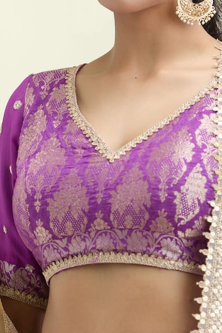 Studio Iris India_Purple Silk, Brocade, Organza Sequins, Shehnaaz Banarasi Woven Lehenga Set _at_Aza_Fashions