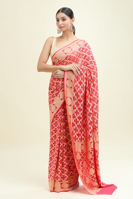 Suruchi Parakh_Red Brocade, Silk Bandhani Banarasi Saree With Unstitched Blouse Piece_Online_at_Aza_Fashions