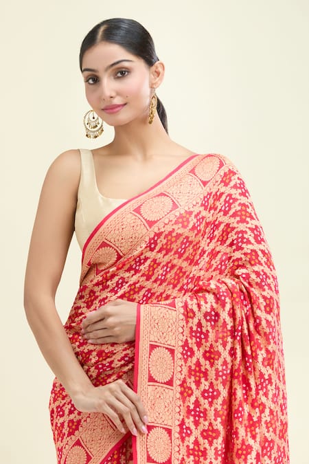 Buy_Suruchi Parakh_Red Brocade, Silk Bandhani Banarasi Saree With Unstitched Blouse Piece_Online_at_Aza_Fashions