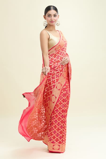 Shop_Suruchi Parakh_Red Brocade, Silk Bandhani Banarasi Saree With Unstitched Blouse Piece_Online_at_Aza_Fashions