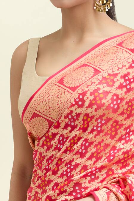 Suruchi Parakh_Red Brocade, Silk Bandhani Banarasi Saree With Unstitched Blouse Piece_at_Aza_Fashions