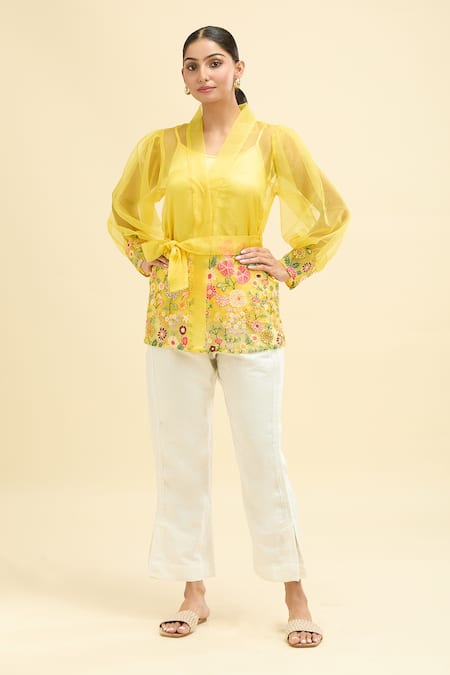 MIDORI BY SGV Yellow Organza Embroidered Floral Lapel V Neck Rosy Wrap Top With Belt 