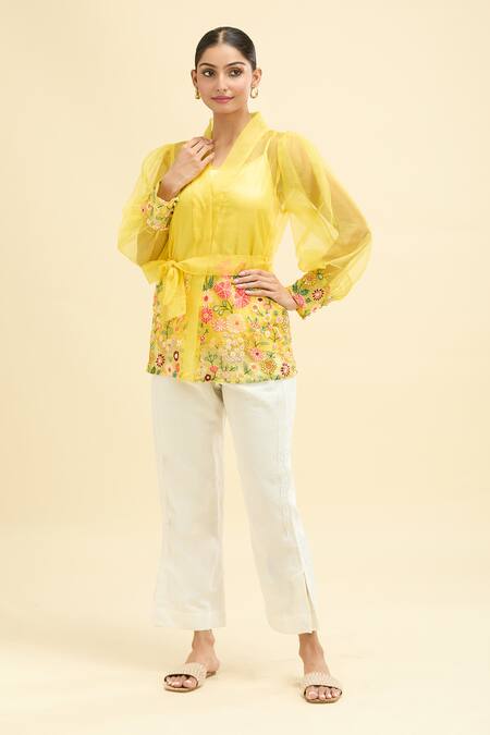 Shop Midori By Sgv Yellow Organza Embroidery V-neck Rosy Floral Wrap Top With Belt at Aza Fashions Shop_Midori By Sgv_Yellow Organza Embroidery V-neck Rosy Floral Wrap Top With Belt_at_Aza_Fashions