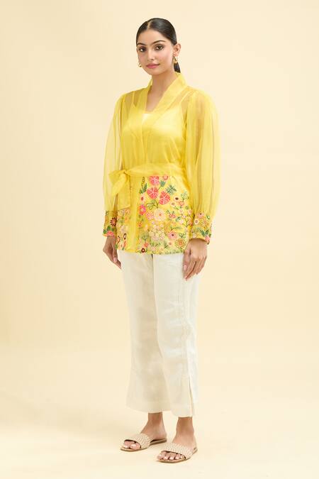 Midori By Sgv Yellow Organza Embroidery V-neck Rosy Floral Wrap Top With Belt Online at Aza Fashions Midori By Sgv_Yellow Organza Embroidery V-neck Rosy Floral Wrap Top With Belt_Online_at_Aza_Fashions
