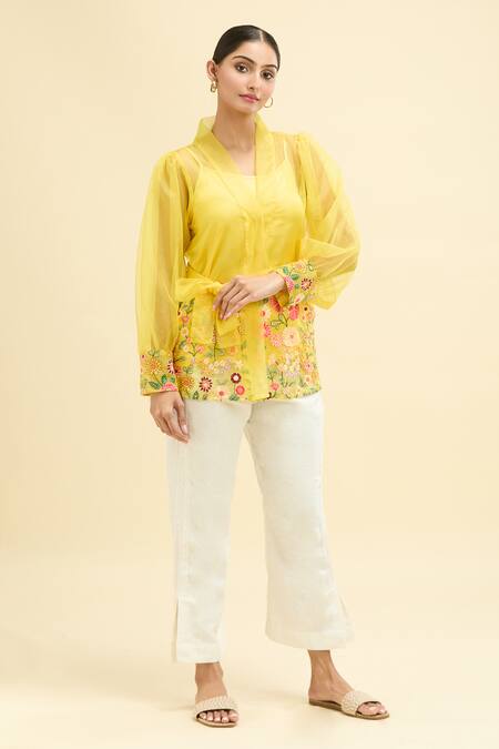 Buy Midori By Sgv Yellow Organza Embroidery V-neck Rosy Floral Wrap Top With Belt Online at Aza Fashions Buy_Midori By Sgv_Yellow Organza Embroidery V-neck Rosy Floral Wrap Top With Belt_Online_at_Aza_Fashions