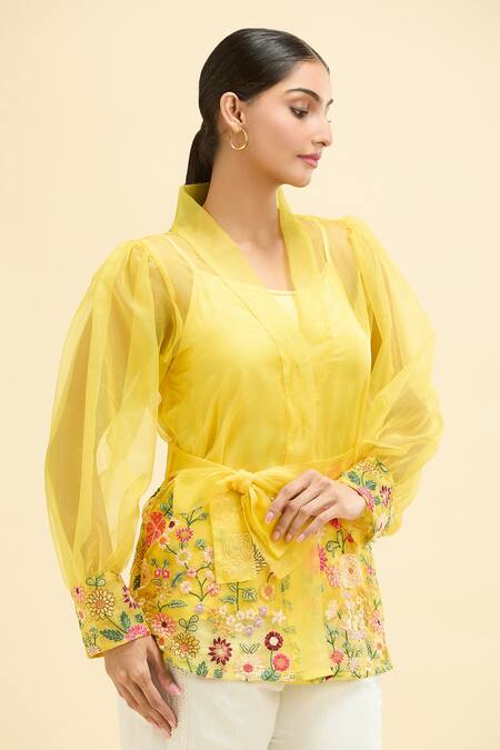 Shop Midori By Sgv Yellow Organza Embroidery V-neck Rosy Floral Wrap Top With Belt Online at Aza Fashions Shop_Midori By Sgv_Yellow Organza Embroidery V-neck Rosy Floral Wrap Top With Belt_Online_at_Aza_Fashions