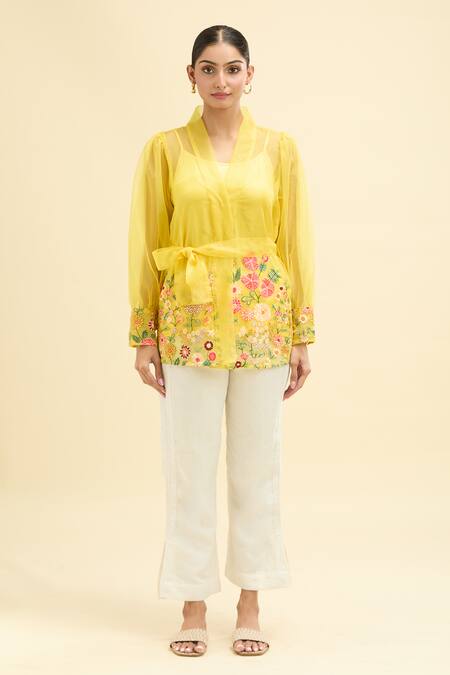 Midori By Sgv Yellow Organza Embroidery V-neck Rosy Floral Wrap Top With Belt at Aza Fashions Midori By Sgv_Yellow Organza Embroidery V-neck Rosy Floral Wrap Top With Belt_at_Aza_Fashions